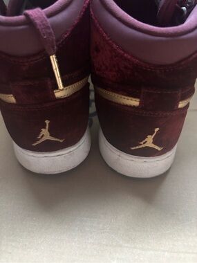 Nike Air Jordan Velvet Burgundy High-Top Sneakers with Gold Trim